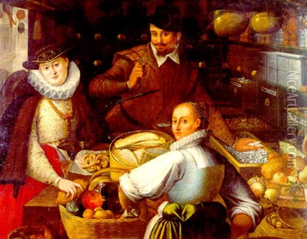 Vornehme Dame Mit Einer Dienerin Beim Einkauf In Einem Kramerladen Oil Painting - Frans Floris the Elder
