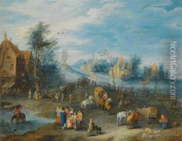 A Village Scene On The Banks Of A River Oil Painting - Joseph van Bredael