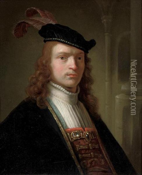 Portrait Of A Gentleman, Half-length, In A Black Robe And Plumed Cap Oil Painting - Rembrandt Van Rijn