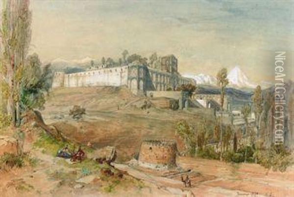 A Persian Hill Fort, With Figures Smoking In The Foreground Oil Painting - Jules Joseph Augustin Laurens