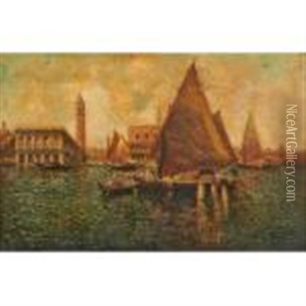 Venetian Scene With Sailboat Oil Painting - Nicholas Briganti