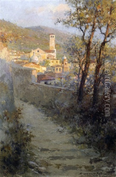 Basilica Di S. Chiara Ad Assisi, Da Una Stradicciuola Che Conduce All Rocca Oil Painting - Giuseppe Mentessi