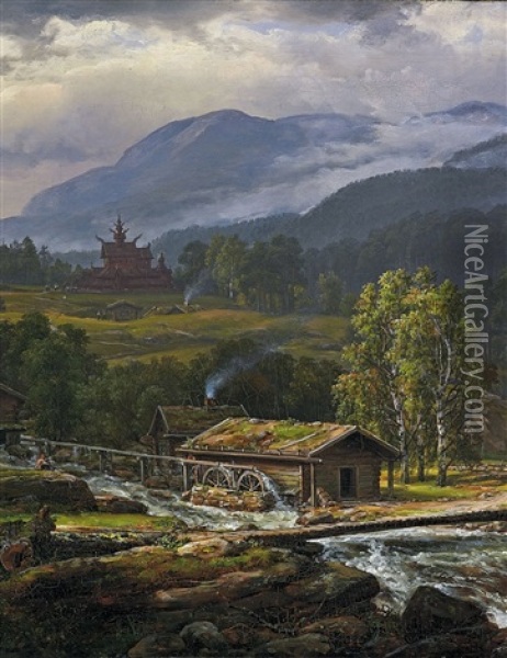 Landschaft Bei Kaupanger Mit Stabkirche Oil Painting - Johan Christian Dahl