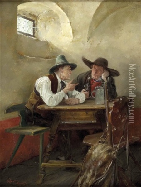 Interieur Mit Zwei Bauern Im Gesprach Oil Painting - Alfons Spring