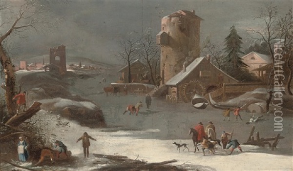 A Winter Landscape With Skaters On A Frozen River And A Town Beyond Oil Painting - Francesco Foschi