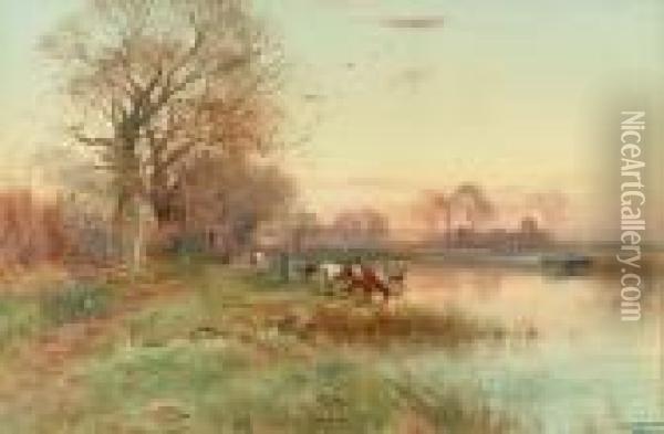 Cattle Watering At Sunset, A Village In The Distance Oil Painting - Henry Charles Fox