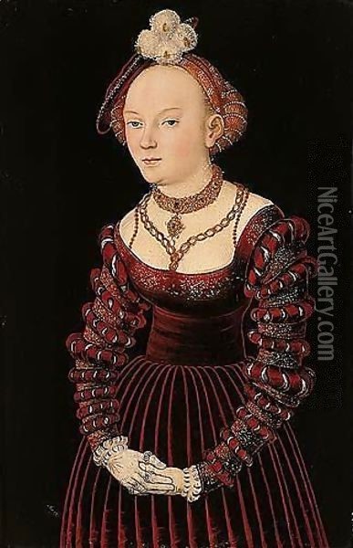 Portrait Of A Young Lady, Three-quarter Length Standing, Dressed In A Red Velvet Dress And Wearing A Plumed Cap Oil Painting - Lucas The Elder Cranach