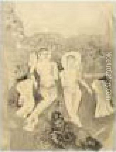 Zwei Junglingsakte In Amdener Landstrasse (two Nude Youths On An Amden Country Road) Oil Painting - Otto Friedrich Meyer-Amden