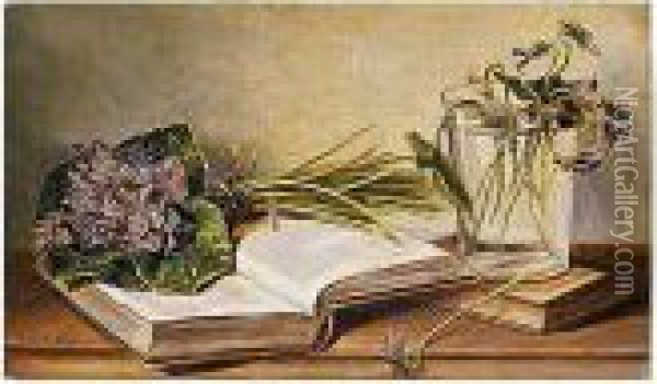 Ramillete De Lirios Sobre Libro Abierto Y Vaso Con Flores Oil Painting - Eduardo Zamacois y Zabala
