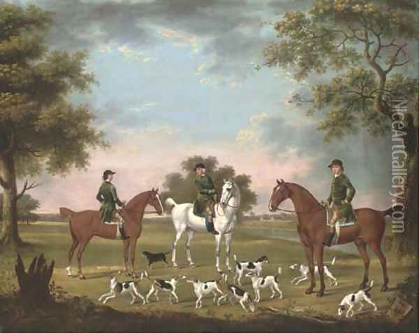 Huntsmen and hounds in a river landscape with stables beyond Oil Painting - Thomas Stringer
