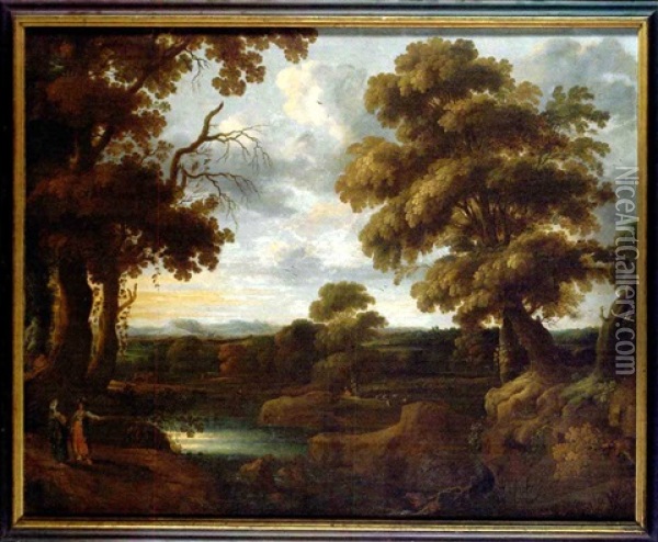 A Wooded River Landscape With Exotic Figures Gesturing And Shepherds, Mountains Beyond Oil Painting - Jacques d' Arthois
