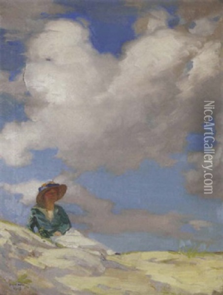 A Woman Resting On The Dunes On A Cloudy Day Oil Painting - David Livingston Adam