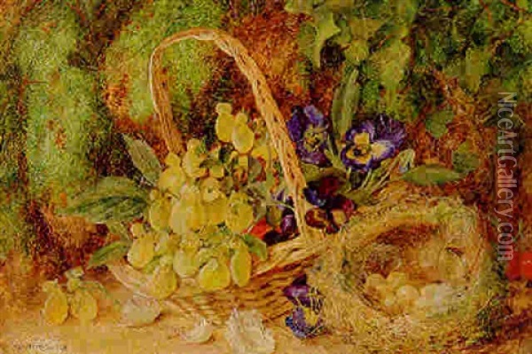 Violas, Calceolaria, A Basket And A Bird's Nest, On A Mossy Bank Oil Painting - William Henry Hunt
