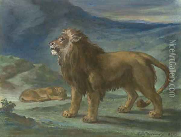 Lion et lionne dans les montagnes Oil Painting - Eugene Delacroix