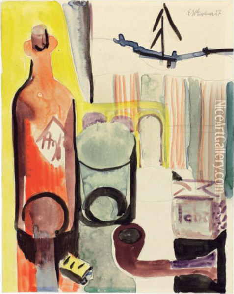 Stillleben Mit Flasche, Glas Und Pfeife Oil Painting - Ernst Ludwig Kirchner