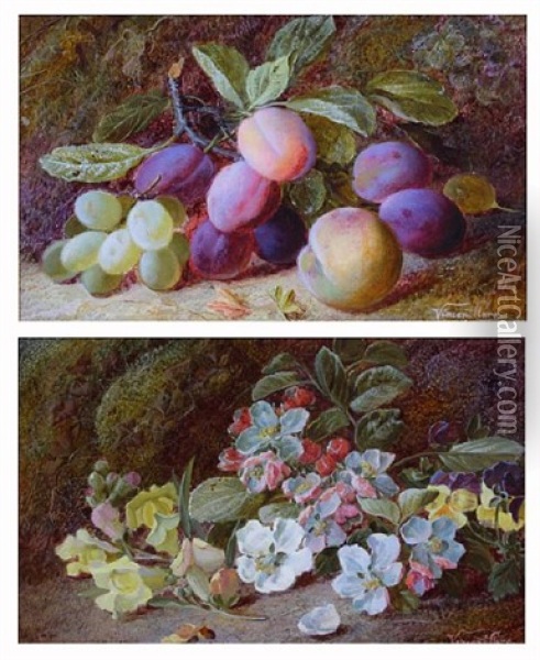 Green Grapes, Plums And A Peach (+ Dog Roses And Yellow Snapdragons; Pair) Oil Painting - Vincent Clare
