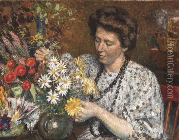 Femme Aux Fleurs - La Fleuriste Oil Painting - Georges Lemmen