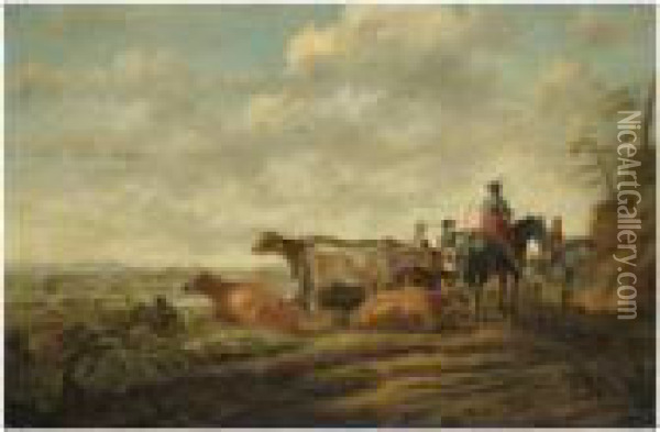 A Northern Landscape At Sunset With Herders And Their Cattle In Theforeground Oil Painting - Aelbert Cuyp