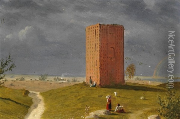 Landscape With Tower And Rainbow, Probably From Osterlen In Sweden Oil Painting - Jorgen Roed