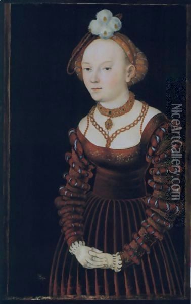 Portrait Of A Young Lady Dressed In A Red Velvet Dress And Wearing A Plumed Cap Oil Painting - Lucas The Elder Cranach
