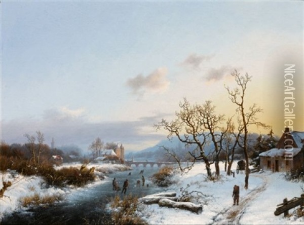 Figures In An Extensive Winter Landscape Oil Painting - Marinus Adrianus Koekkoek