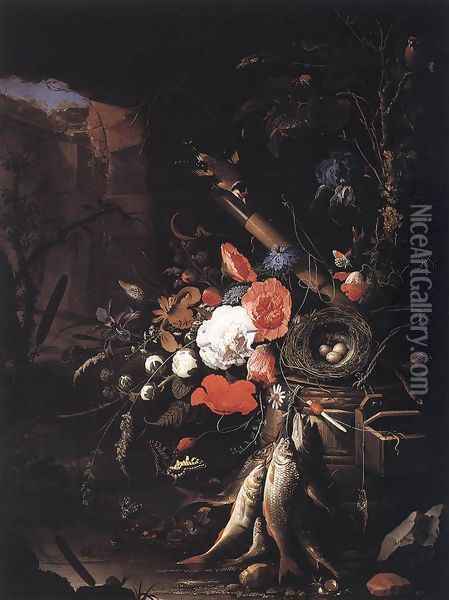 Still-Life with Fishes and Bird Nest c. 1670 Oil Painting - Abraham Mignon