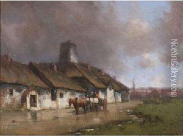 Horse And Cart With Cottage Under Stormy Sky Oil Painting - Homer Ransford Watson