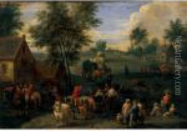 Landscape With Waggoners And Other Figures Gathered On The Outskirts Of A Village Oil Painting - Peeter Bout