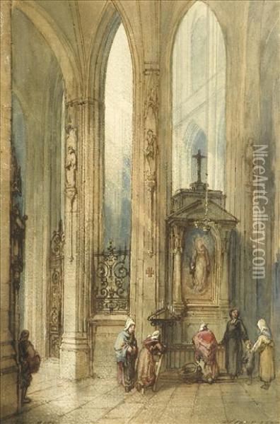 Fecamp Abbey, France,interior With Figures Oil Painting - Paul Marny