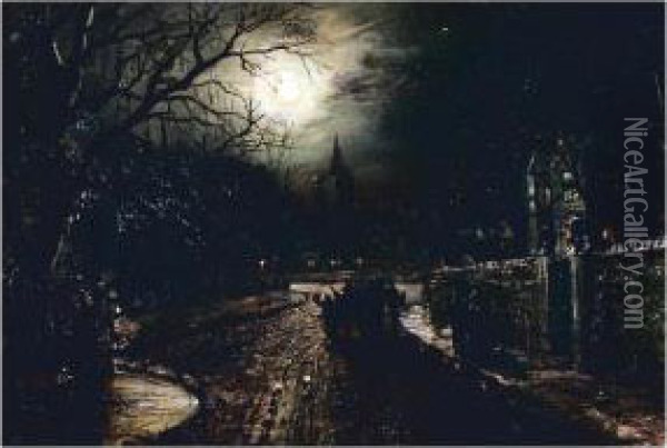 Moonlit Street Oil Painting - Walter Meegan