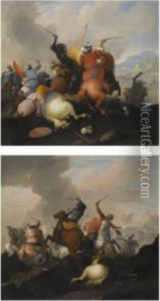 A Pair Of Battle Scenes Between Christians And Ottomans Oil Painting - Marzio Masturzio