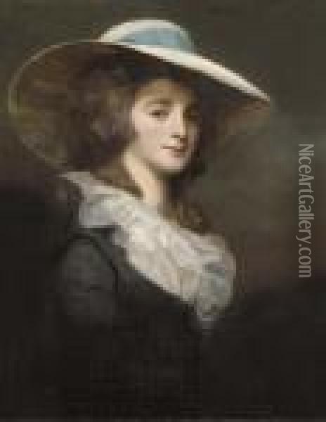 Portrait Of Lady Herries, 
Half-length, In A Grey Dress And Whitecollar, With A Wide-brimmed White 
Hat With A Blue Ribbon Oil Painting - George Romney