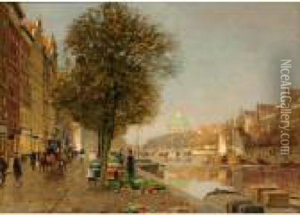 Flower Market On The Singel In Amsterdam Oil Painting - Heinrich Hermanns