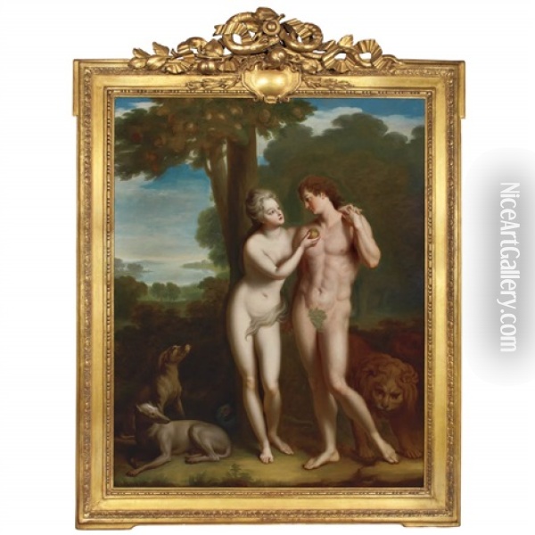 The Regent, Philippe Duc D'orleans And The Comtesse De Parabere, As Adam And Eve In The Garden Of Eden Oil Painting - Jean-Baptiste Santerre