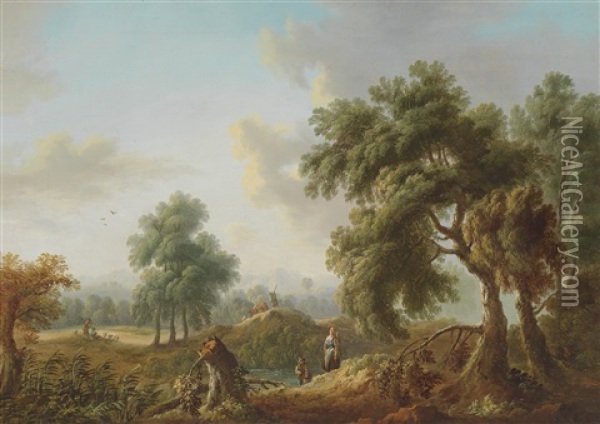 Baumbestandene Landschaft Mit Wanderern Oil Painting - Jean Baptiste Pillement