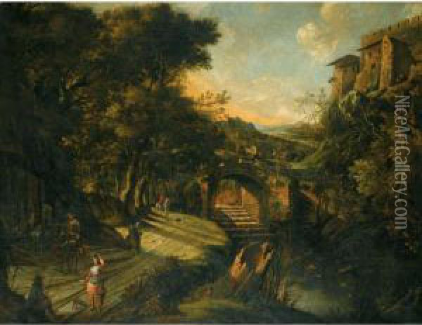An Italianate River Landscape, With Figures On A Road Beside A Fountain, A Bridge Beyond Oil Painting - Jan Siberechts