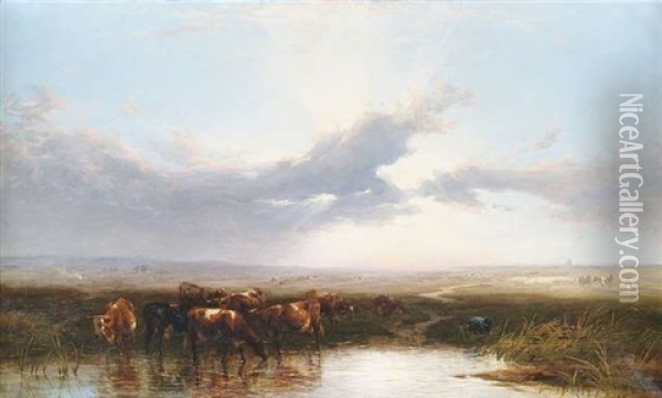 Weite Landschaft In Der Abenddammerung, Im Vordergrund Viehherde An Einem Gewasser Oil Painting - Thomas Francis Wainewright