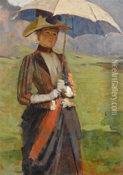 Elegante Dame Mit Sonnenschirm Oil Painting - Edouard John E. Ravel