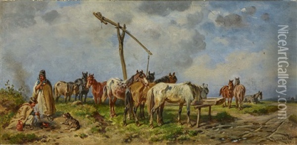 Pferde An Der Tranke Oil Painting - Adolph van der Venne