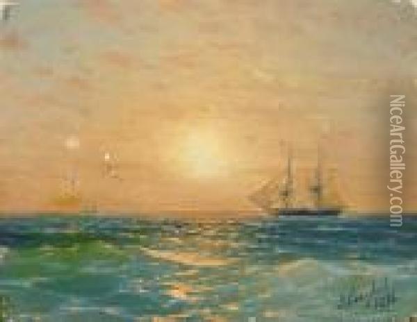 Shipping Under A Setting Sun Oil Painting - Ivan Konstantinovich Aivazovsky