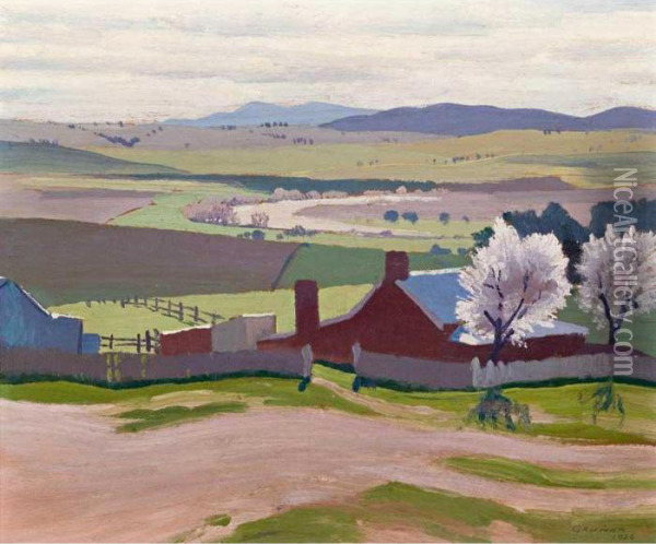 Spring: A Farm And Blossom Trees At Bathurst Oil Painting - Elioth Gruner