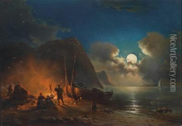 Romantic Camp Fire In The Moonlight Oil Painting - Johann Anton Castell