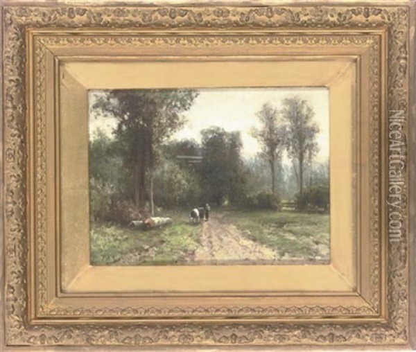 A Shady Woodland Track (+ Returning From The Dairy; 2 Works) Oil Painting - Piet Schipperus