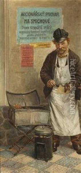 A Prague Hot Dog Vendor Oil Painting - Josef Ferdinand Hettes