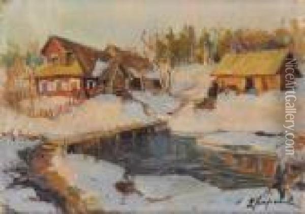 Village Russe Sous La Neige Oil Painting - Georges Lapchine