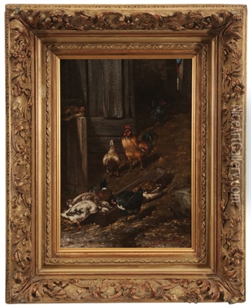Chickens And Ducks Feeding At A Trough Oil Painting - Philibert-Leon Couturier