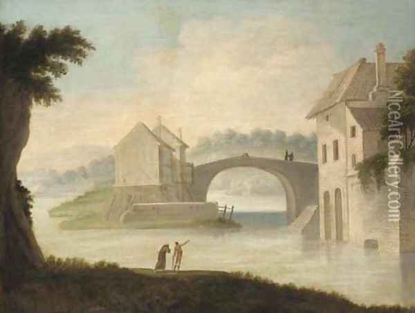 A river landscape with travellers near a bridge Oil Painting - German School