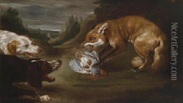 Two Hounds Chasing A Fox With A Dead Partridge Oil Painting - Paul de Vos