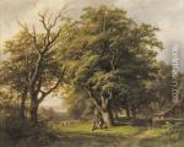 Shepherds Under An Oak Tree In A Rhenish Landscape Oil Painting - Johann Bernard Klombeck