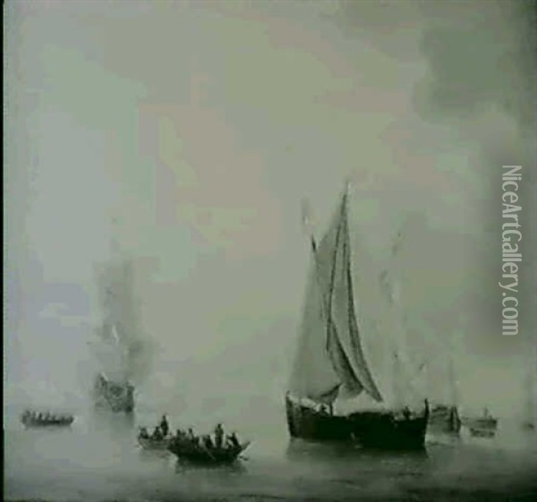 Full Rigged Man O'war Firing A Salute With Others           Vessels In A Calm Oil Painting - Charles Brooking